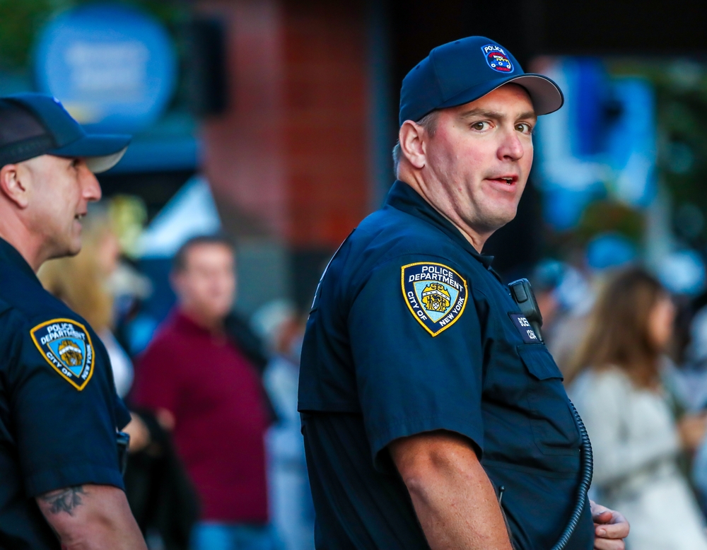 Two New York City Police Department officers on street patrol