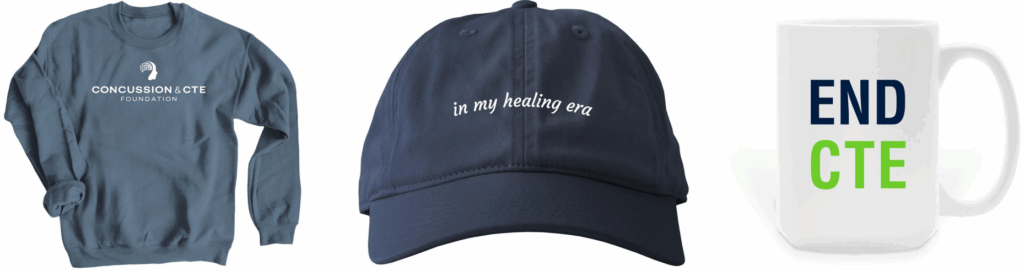 Concussion & CTE Store sweatshirt, hat, and mug