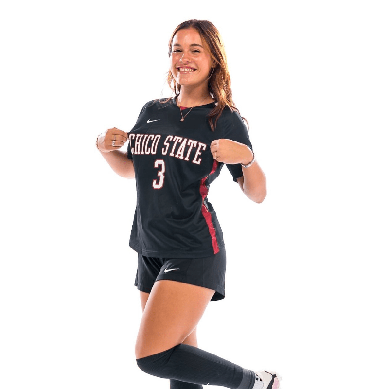 Former soccer player Caroline Souza smiles in her Chico State uniform