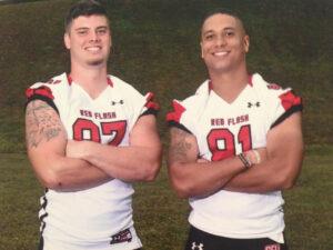 Former college football player Marcus Alston with a teammate in uniforms